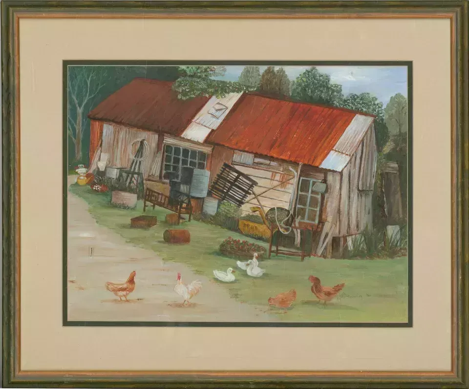 Janet Denning Signed And Framed 2001 Gouache  Bygones