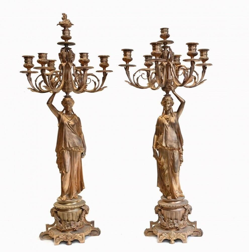 Pair French Gilt Candelabras Female Maiden Figural Candles