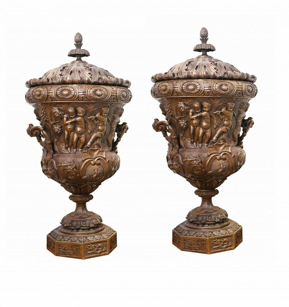 Pair Large Bronze Urns Monumental Campana Cherub After Clodion