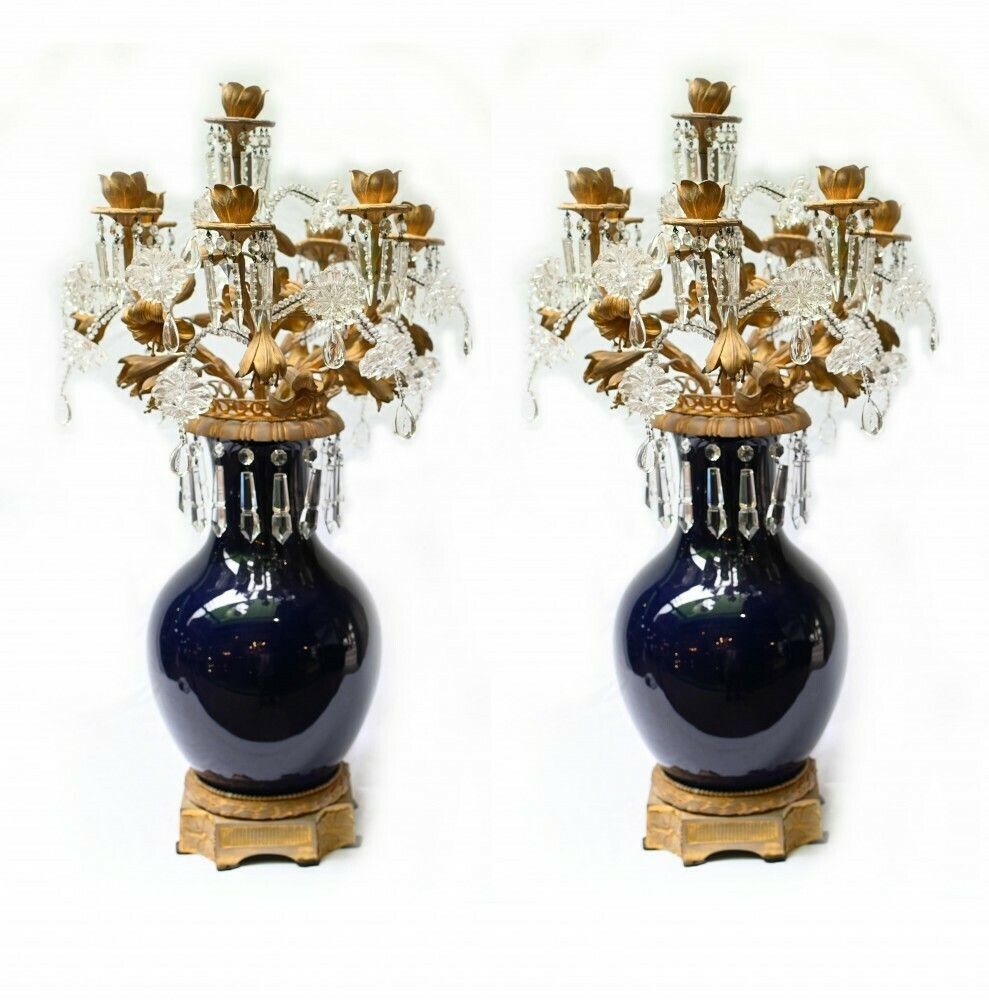 Pair Porcelain Candelabra Vases Louis XVI Lustral Drops