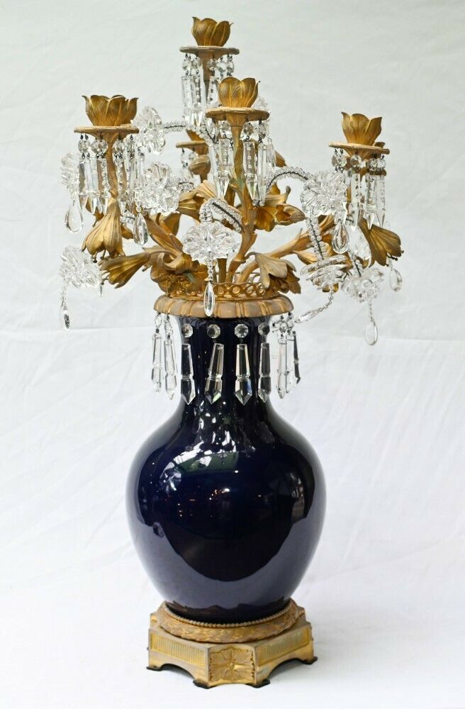 Pair Porcelain Candelabra Vases Louis XVI Lustral Drops photo vintage