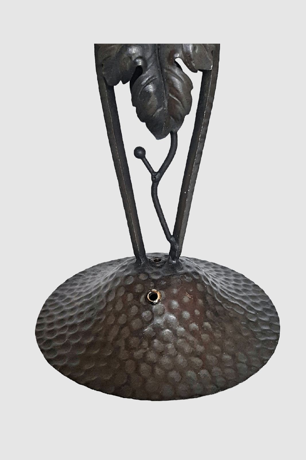 Art Deco Lamp Mottled Red, Orange, Blue Tinted Glass Shade, Hammered Steel Base France C 1980s photo furniture