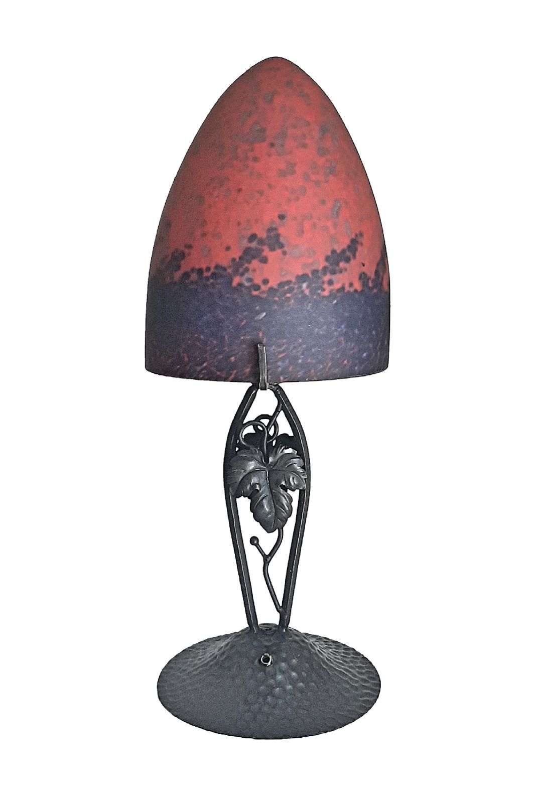 Art Deco Lamp Mottled Red, Orange, Blue Tinted Glass Shade, Hammered Steel Base France C 1980s photo Lighting