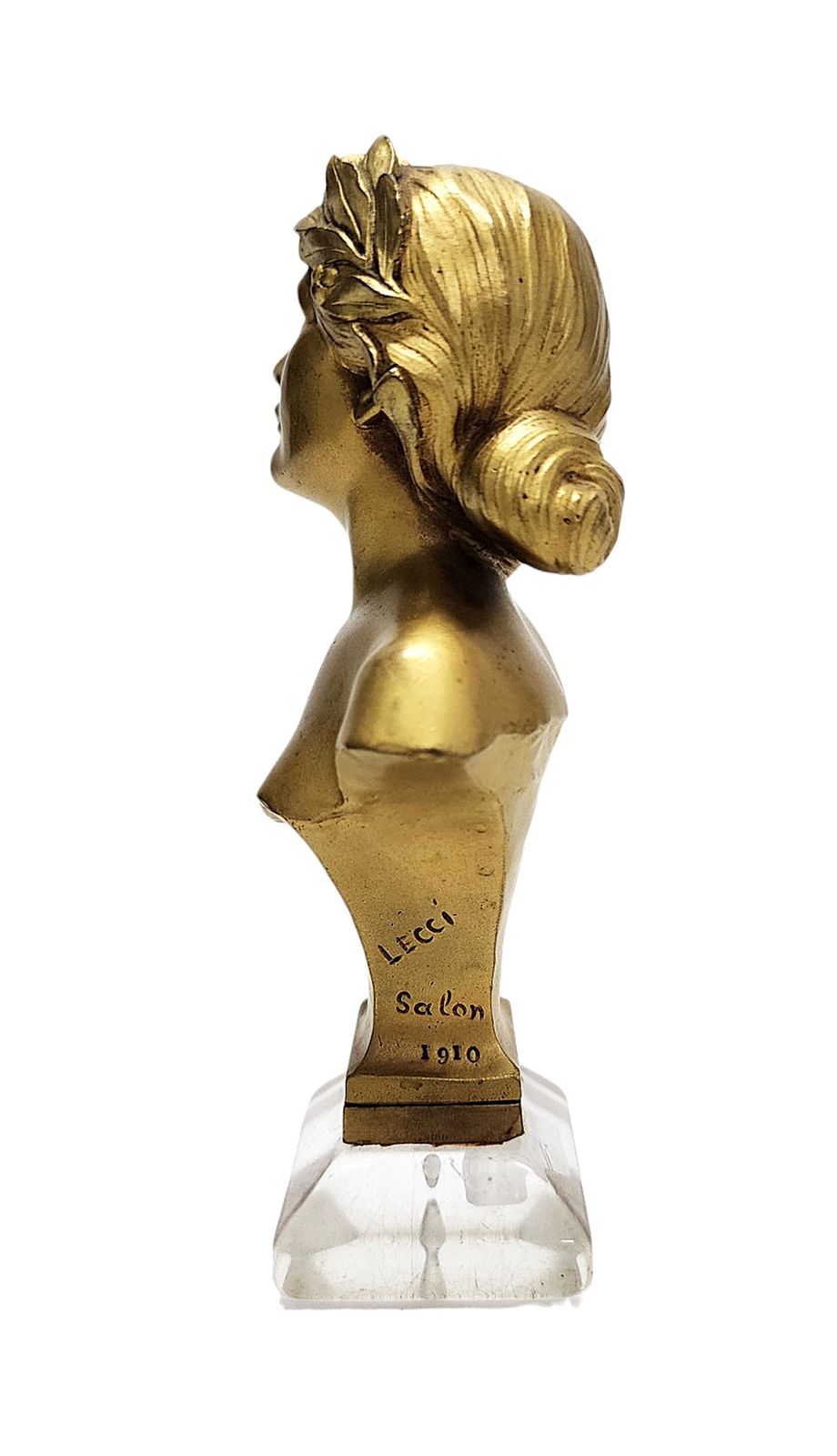 Art Nouveau Golden Patinated Bronze Bust/Seal With Acrylic Base 'La Poésie' Signed By Lecci, Exhibited At The Salon Des Artistes Français, Paris 1910 photo buy
