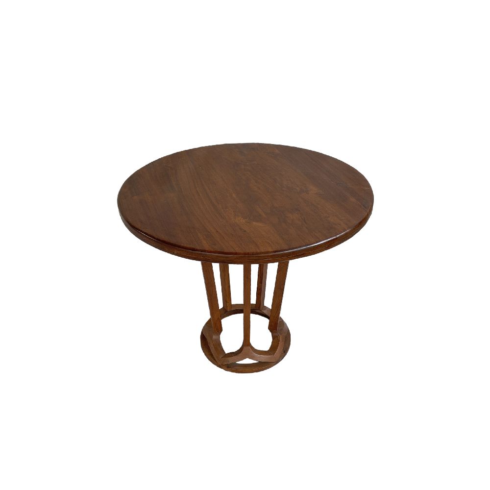 Antique Indian Handcrafted Teakwood Dining Set | 1940s Round Table With Lamella Base & 2 Curved Upholstered Chairs photo Furniture