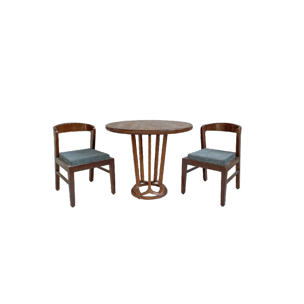 Antique Indian Handcrafted Teakwood Dining Set | 1940s Round Table With Lamella Base & 2 Curved Upholstered Chairs photo furniture