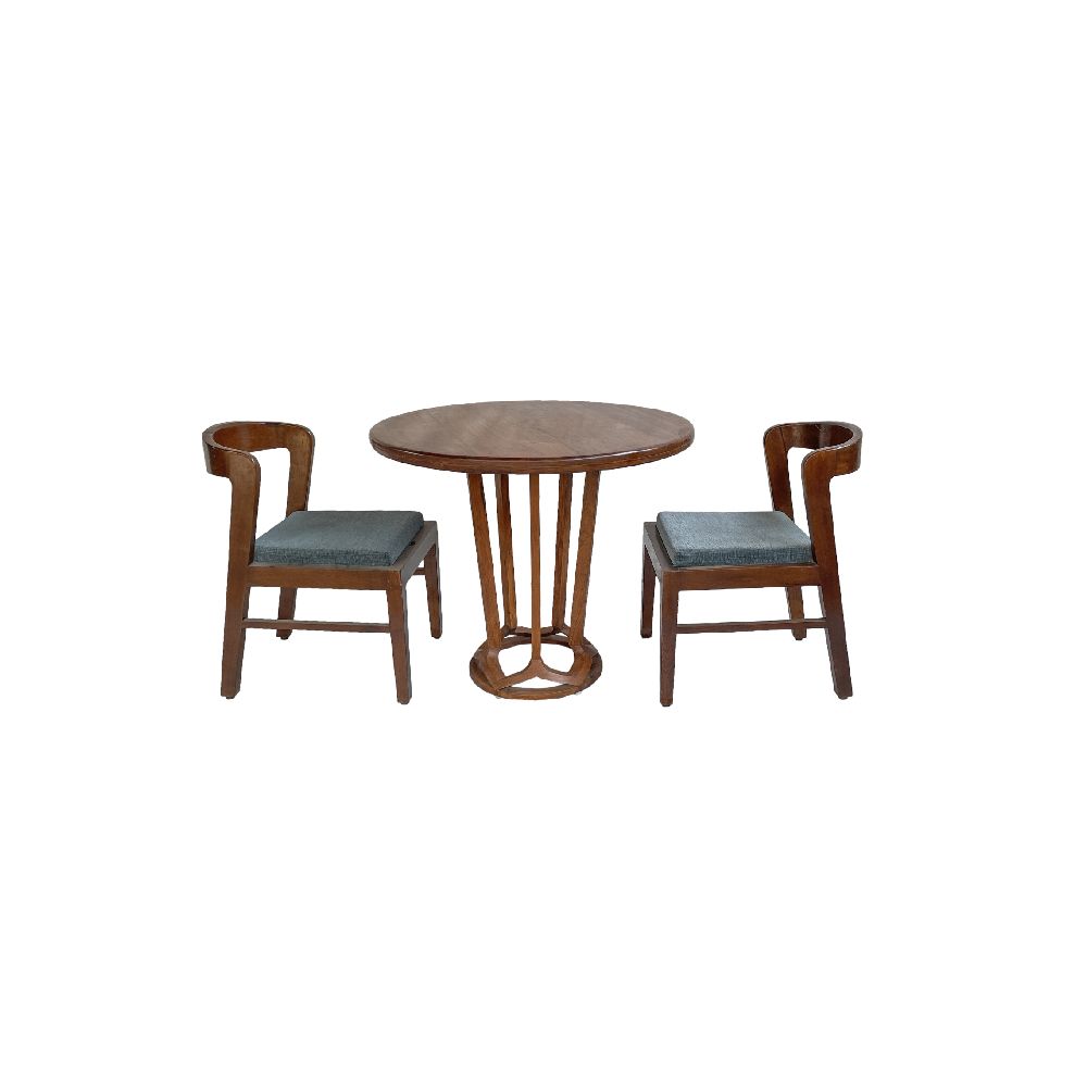 Antique Indian Handcrafted Teakwood Dining Set | 1940s Round Table With Lamella Base & 2 Curved Upholstered Chairs