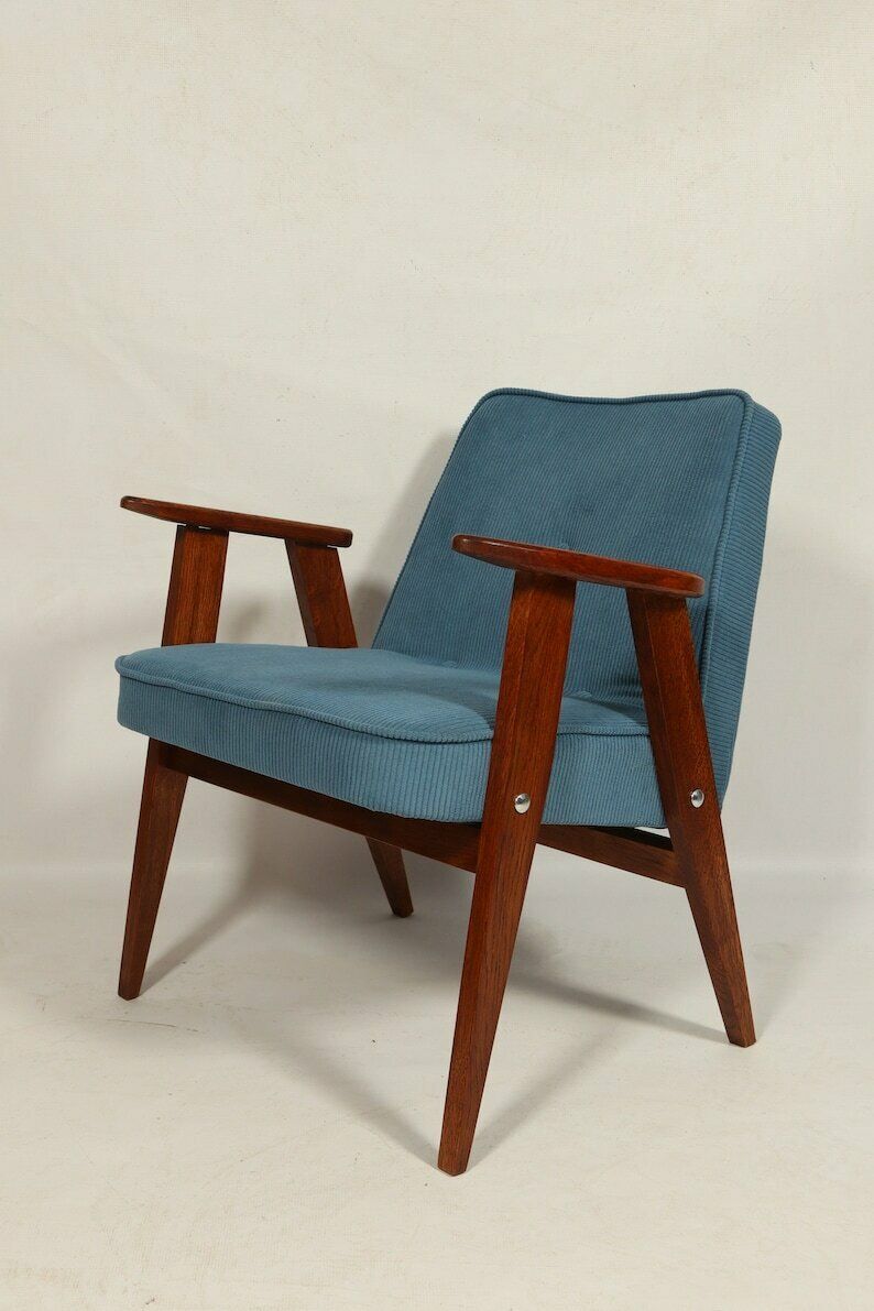 Mid Century Fauteuil Marineblauw Corduroy Fluweel Bekleding Lounge Chair, Jaren 1960