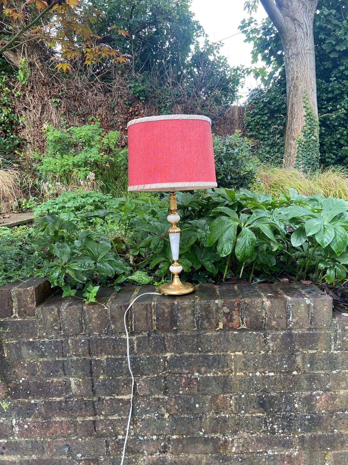 Retro Tall White Onyx Lamp With Brass Detail And An Original Oval Retro Shade