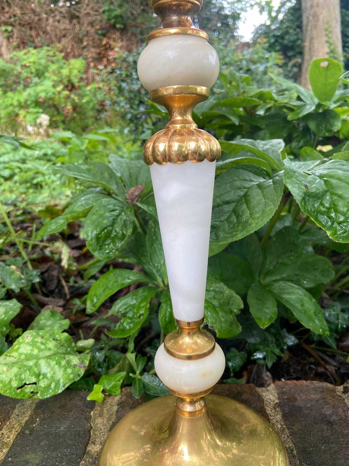 Retro Tall White Onyx Lamp With Brass Detail And An Original Oval Retro Shade photo 95.0