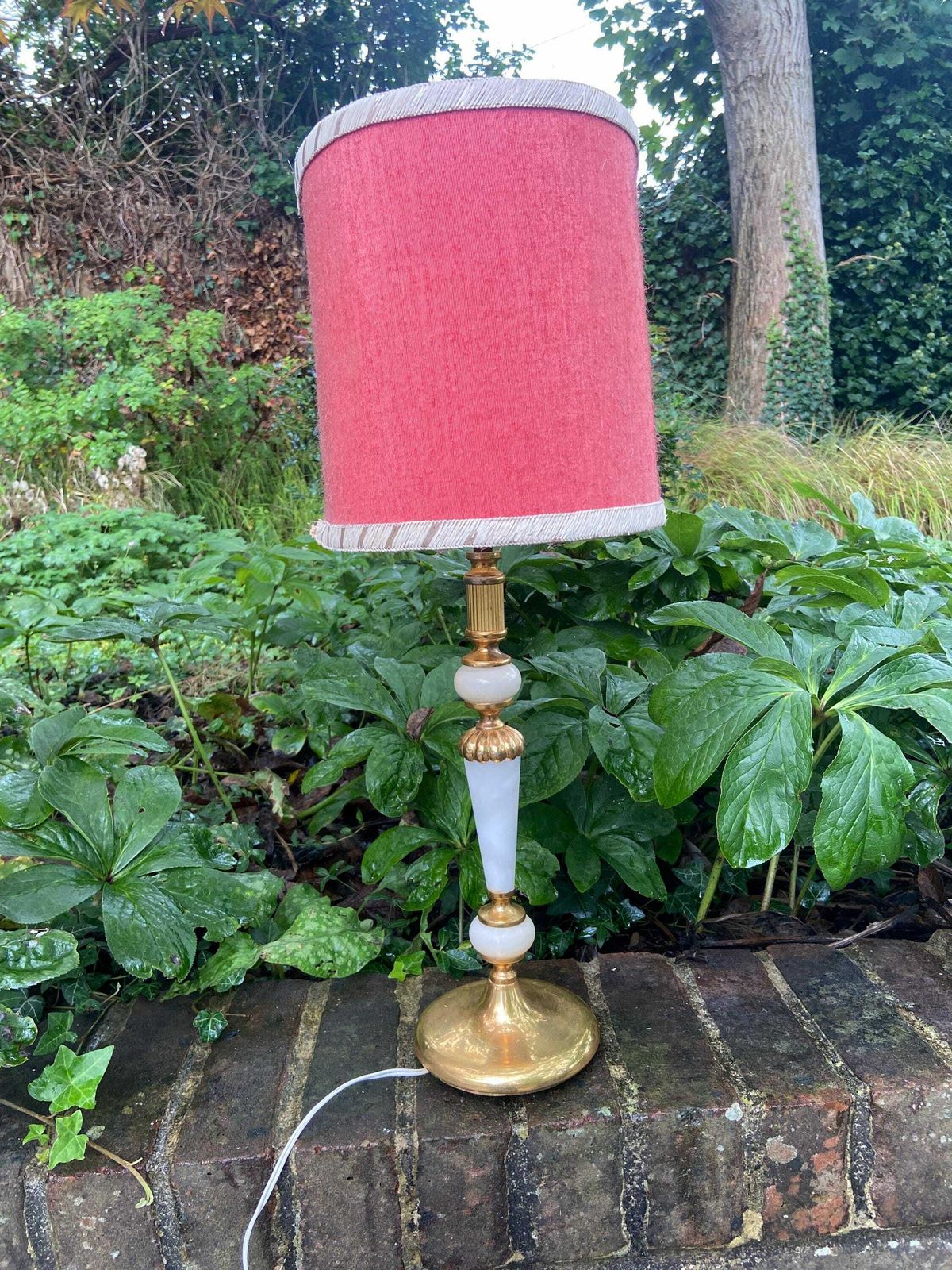 Retro Tall White Onyx Lamp With Brass Detail And An Original Oval Retro Shade photo vintage