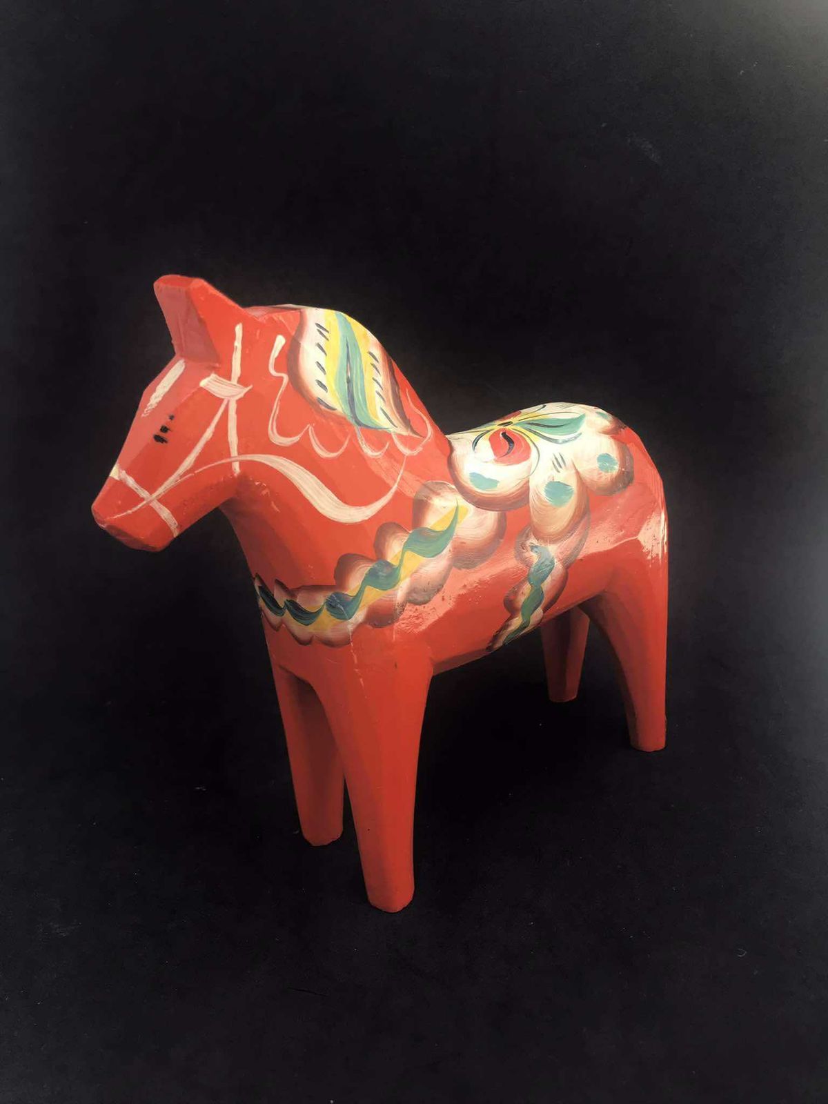 Dala Horse Wooden Figurine Swedish By Nils Olsson 15 Cm Original Sticker Scandinavian Modern Hand Painted Scandinavian Design Red Wood photo for sale