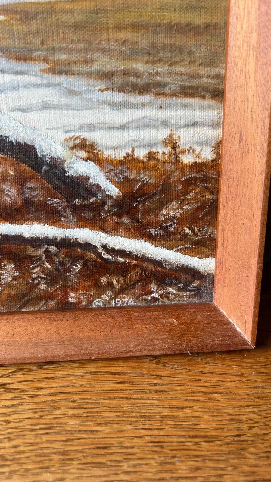 1974 Signed Vintage Oil Painting Depicting Sea Shore In Winter photo for sale