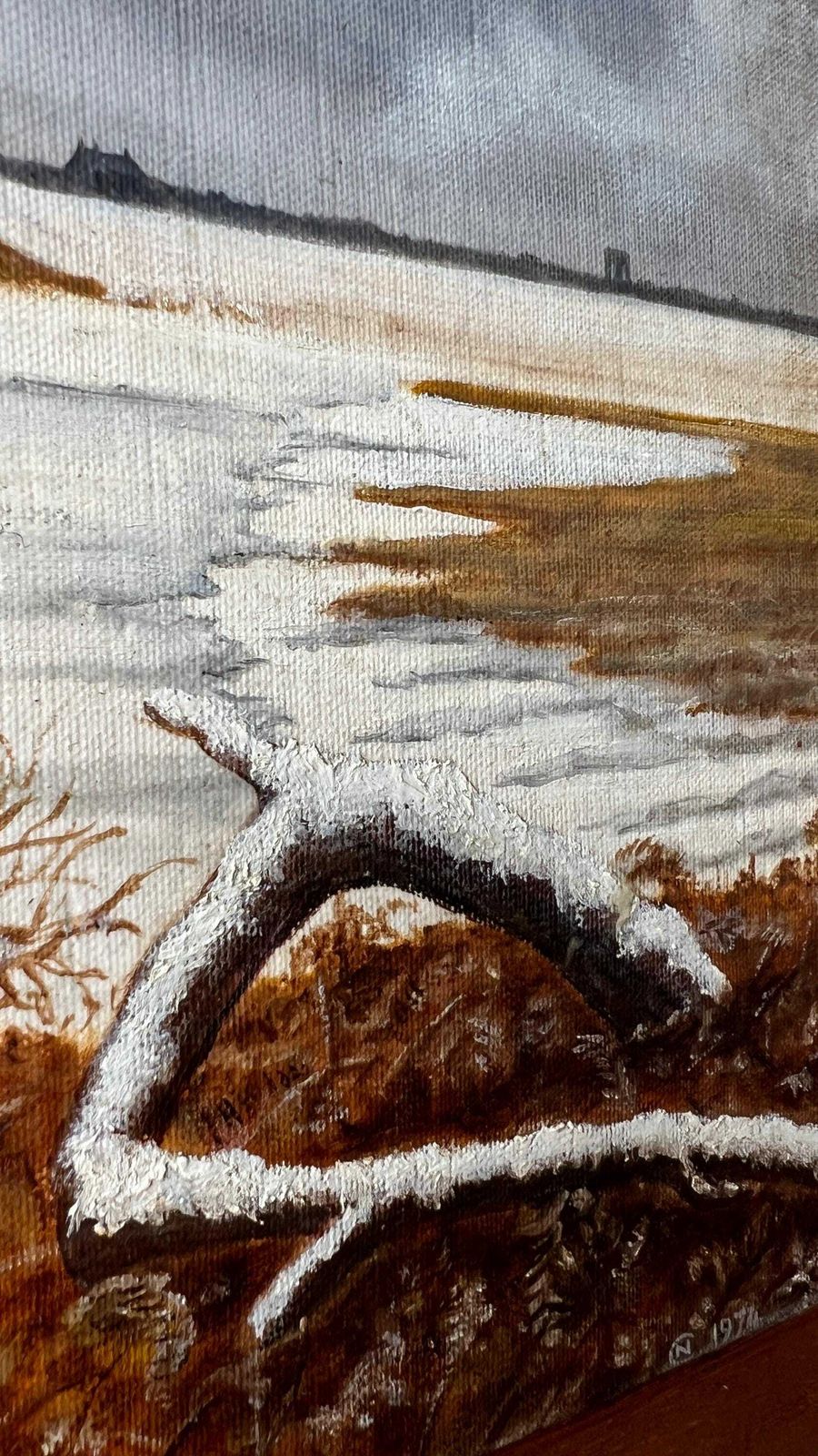 1974 Signed Vintage Oil Painting Depicting Sea Shore In Winter photo Art