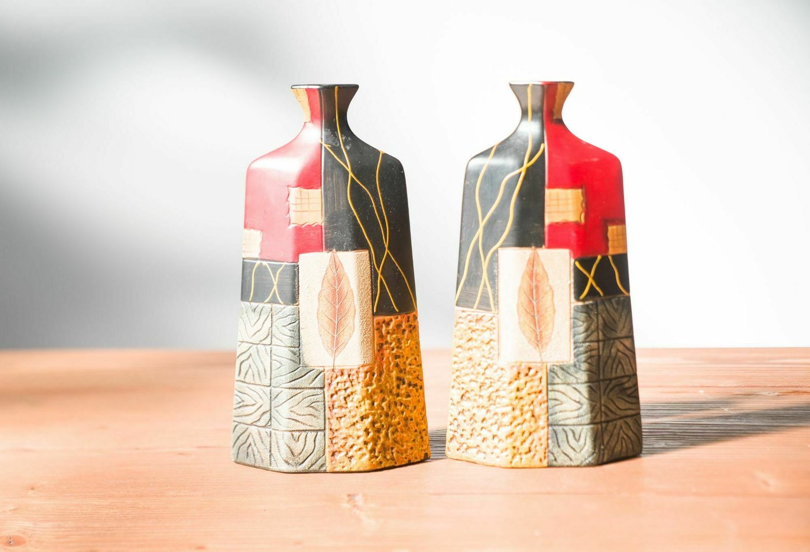 Pair Of 1980s 90s Terracotta Vases – Geometric And Textured Design