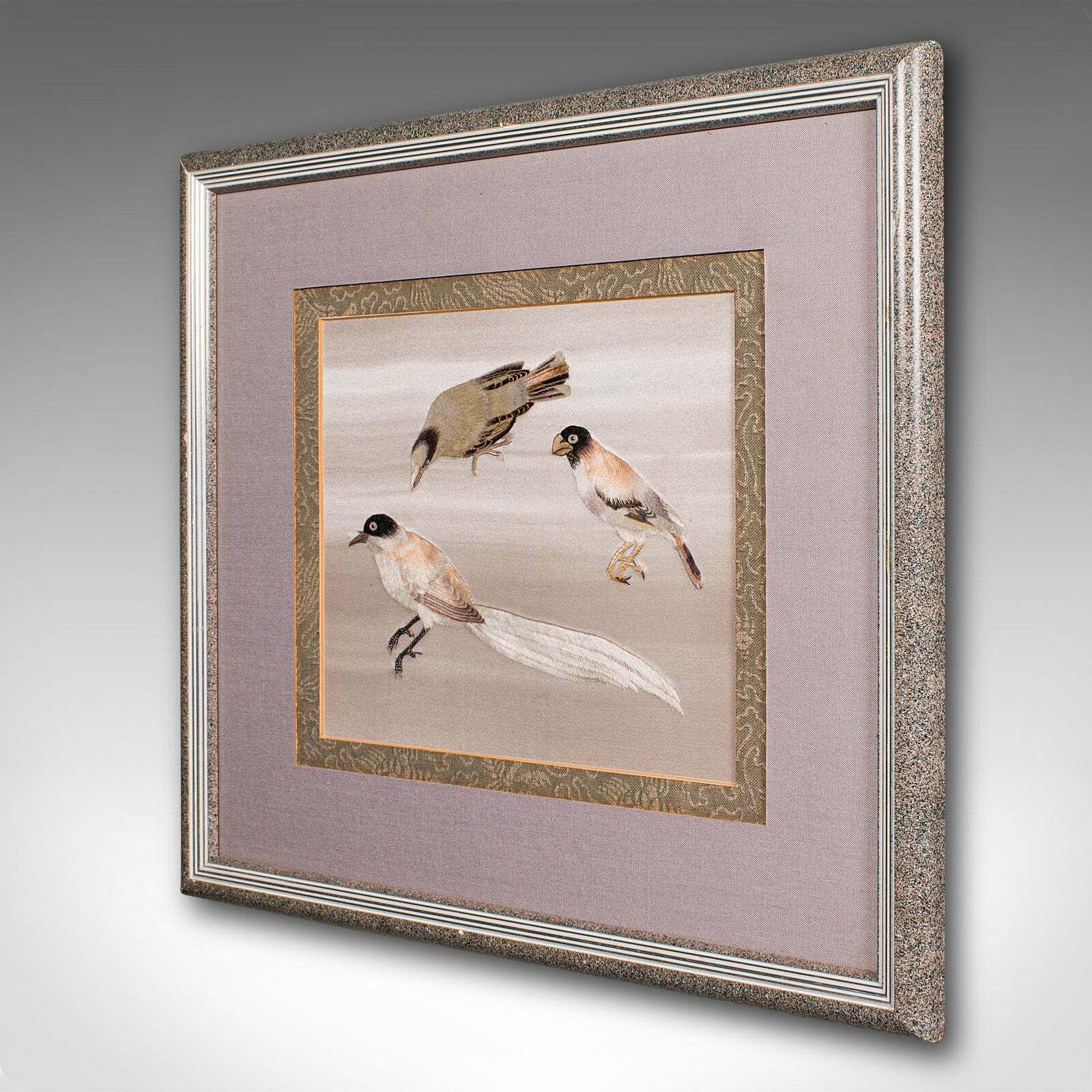 Vintage Bird Wall Panel, Japanese, Silk Cotton, Embroidery, Art Deco, Circa 1930 photo for sale