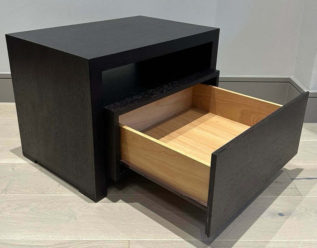 Pair Of 1990s Dark Brown Contemporary Stained Dark Brown Oak Bedside Tables Or Nightstands photo vintage