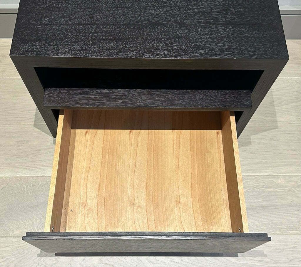 photo for sale Pair Of 1990s Dark Brown Contemporary Stained Dark Brown Oak Bedside Tables Or Nightstands