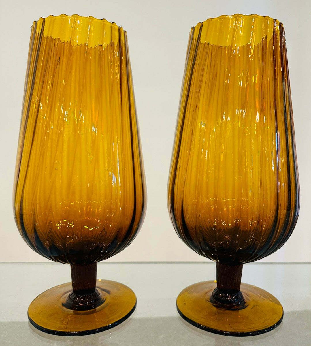 Pair Of Large 1960s Italian Amber Ribbed Swirled Glass Goblet Chalice Vases photo furniture