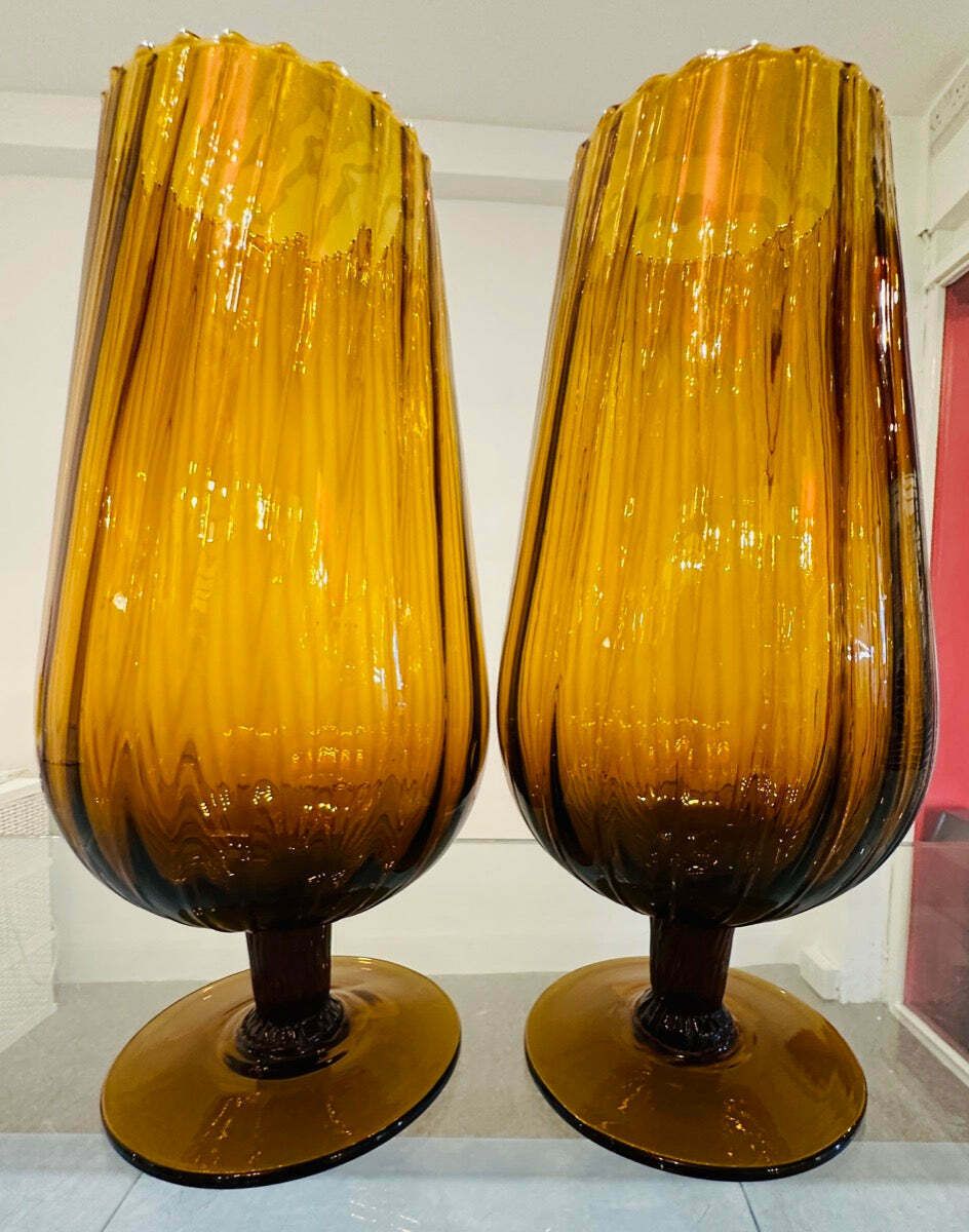 Pair Of Large 1960s Italian Amber Ribbed Swirled Glass Goblet Chalice Vases photo 285.0