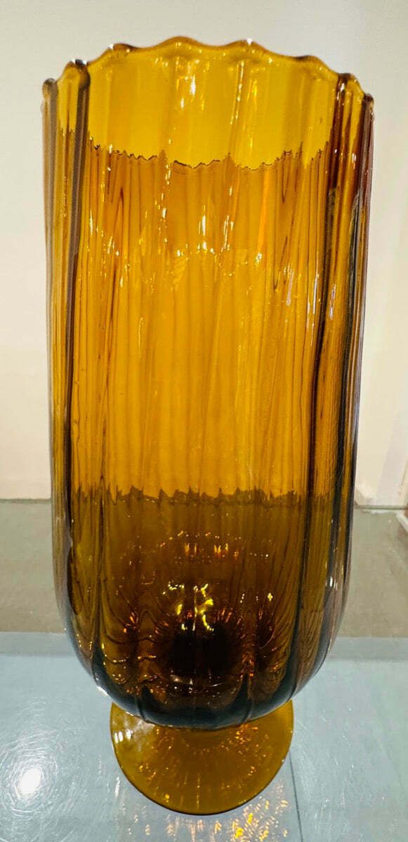 photo for sale Pair Of Large 1960s Italian Amber Ribbed Swirled Glass Goblet Chalice Vases