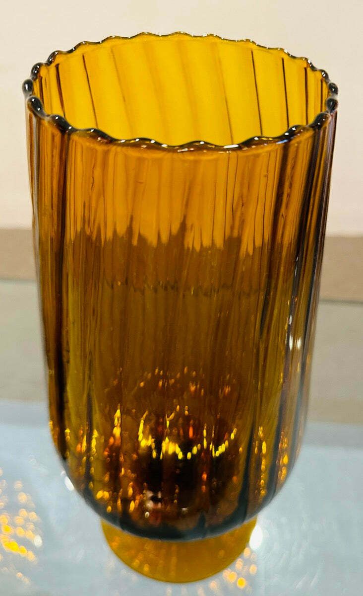 285.0 Pair Of Large 1960s Italian Amber Ribbed Swirled Glass Goblet Chalice Vases photo