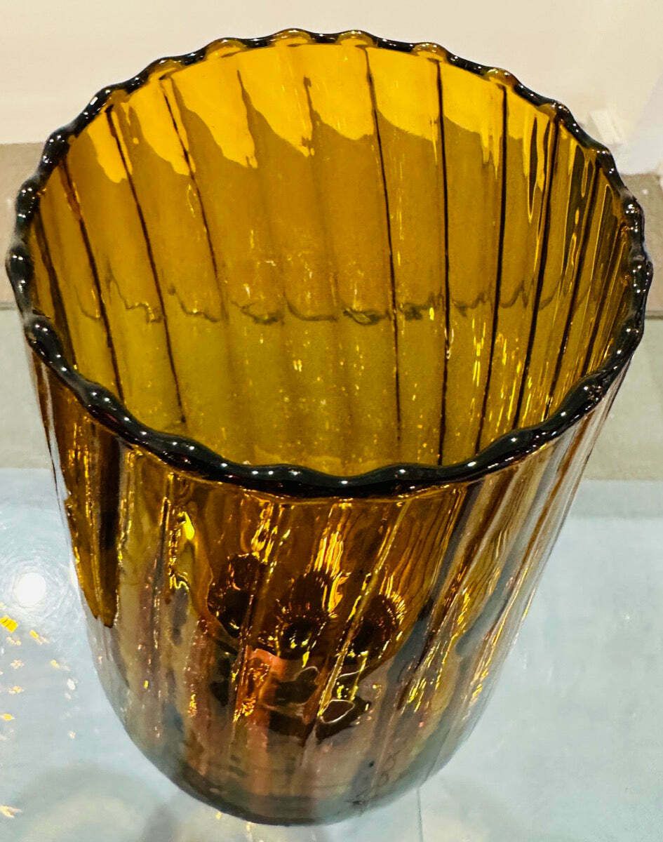 photo vinterior Pair Of Large 1960s Italian Amber Ribbed Swirled Glass Goblet Chalice Vases
