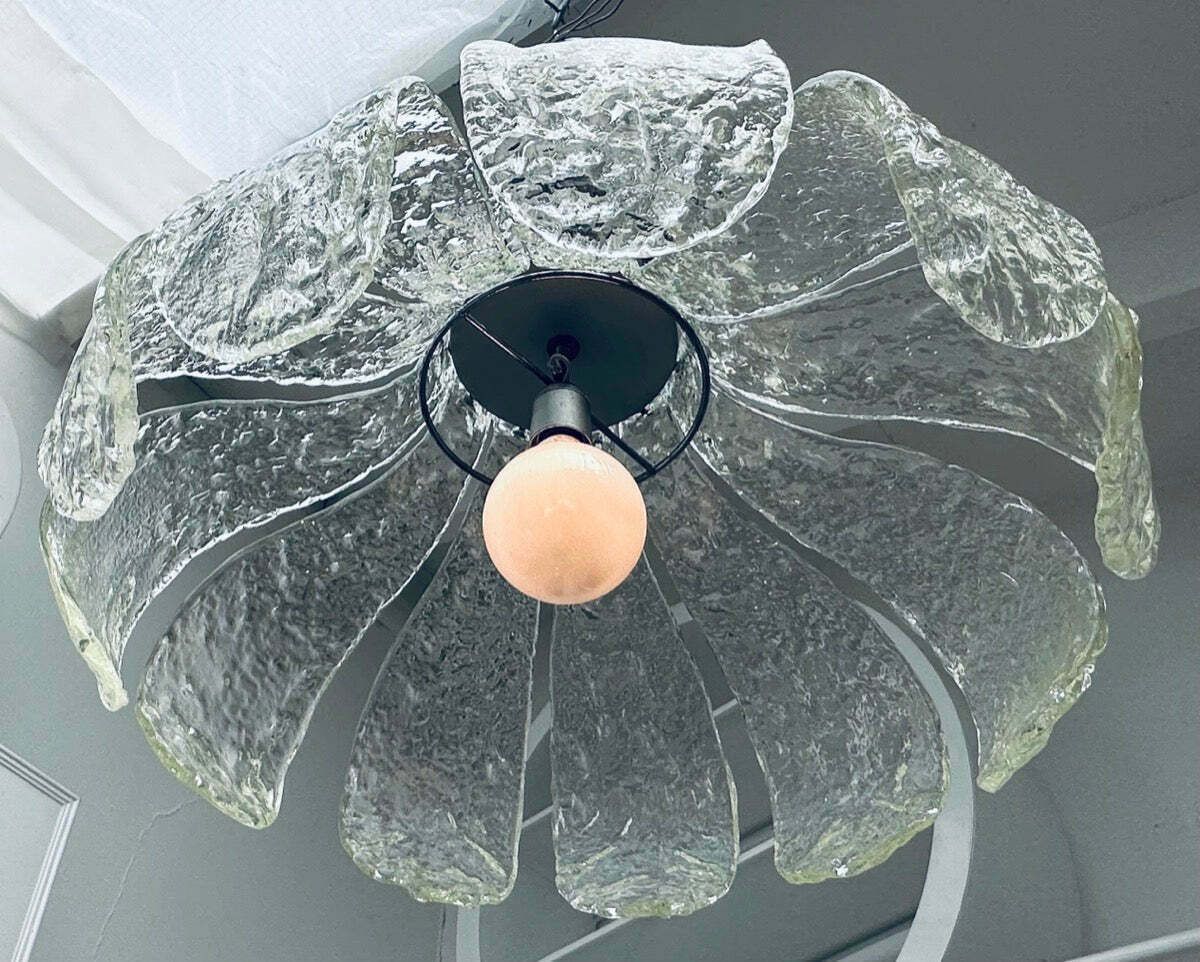 1960s Italian Carlo Nason For Mazzega Murano Clear Textured Petal Glass & Chrome Chandelier photo buy
