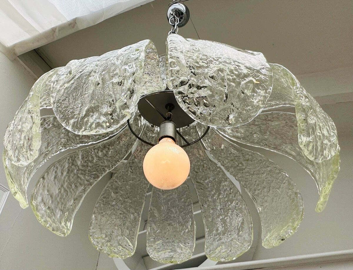 1960s Italian Carlo Nason For Mazzega Murano Clear Textured Petal Glass & Chrome Chandelier photo vintage