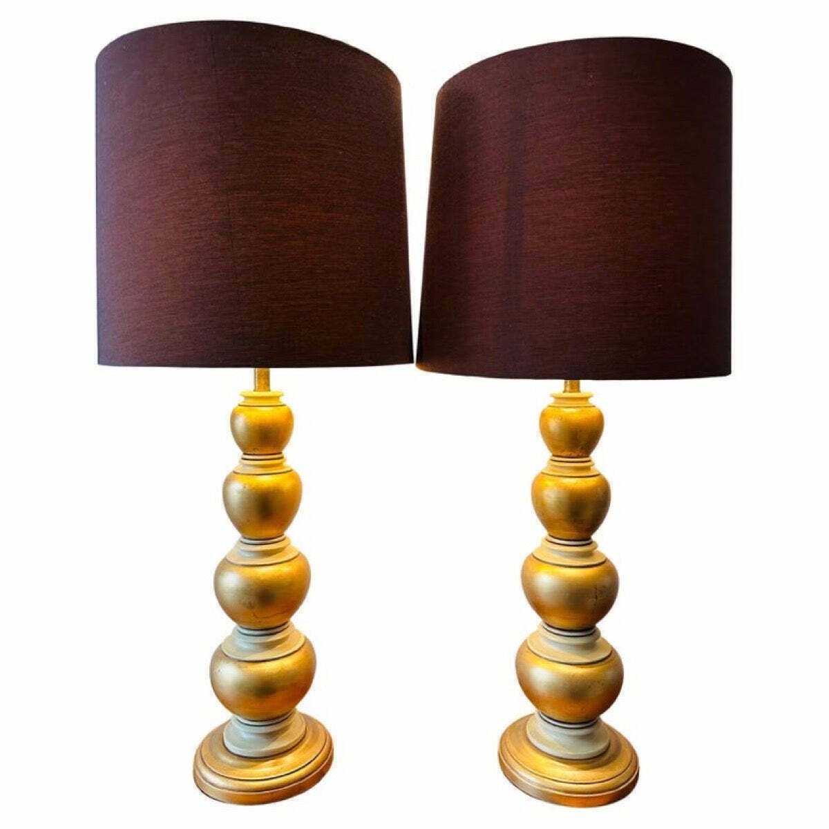Pair Of 1950s American Frederick Cooper Gold Leaf Concentric Oval Table Lamps Inc Shades