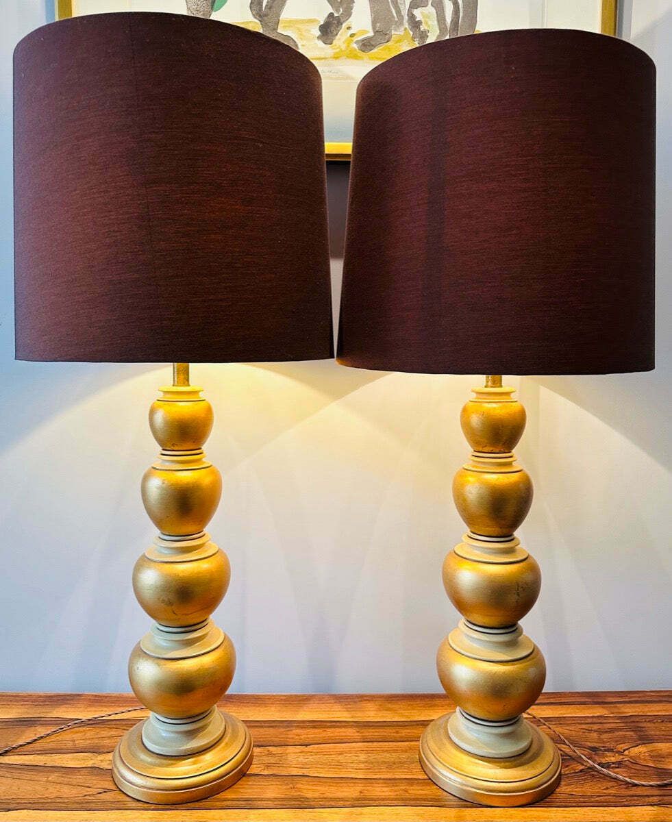 Pair Of 1950s American Frederick Cooper Gold Leaf Concentric Oval Table Lamps Inc Shades photo furniture