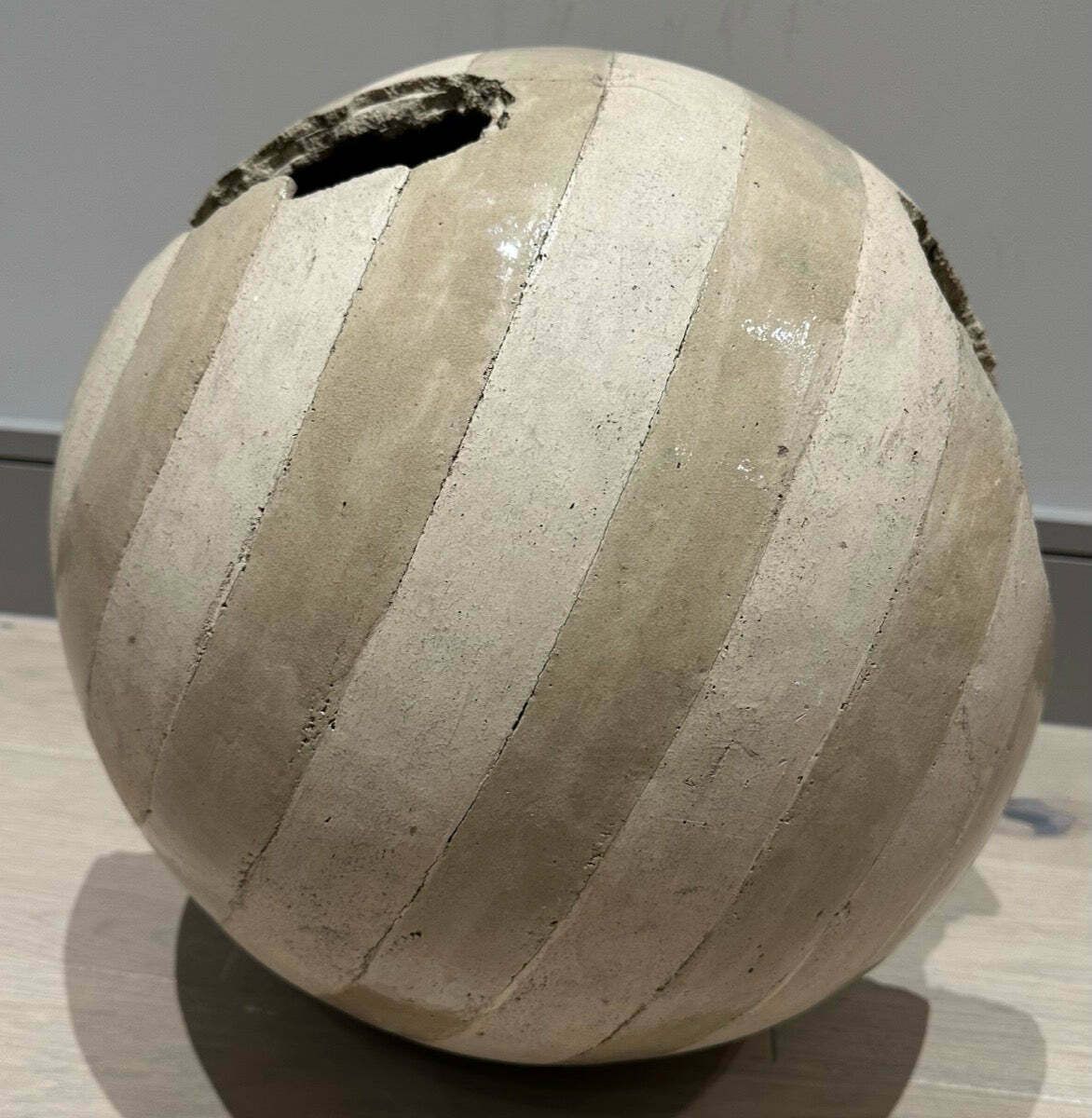 Circa 1960s French Abstract Terracotta Striped Glazed & Unglazed Round Sculpture photo vinterior