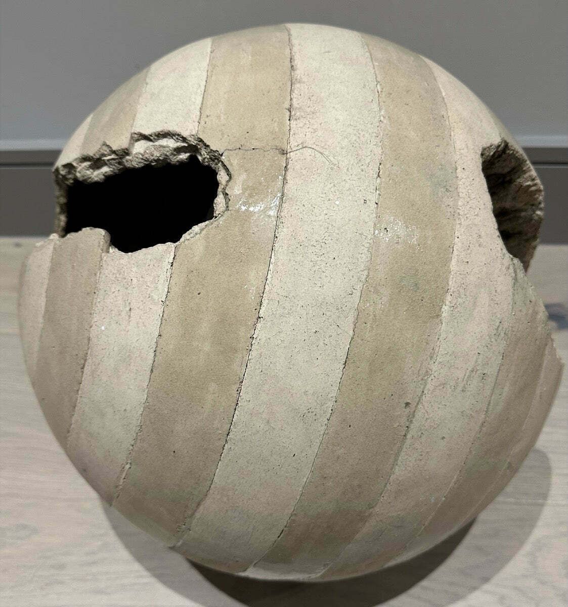 Circa 1960s French Abstract Terracotta Striped Glazed & Unglazed Round Sculpture photo buy