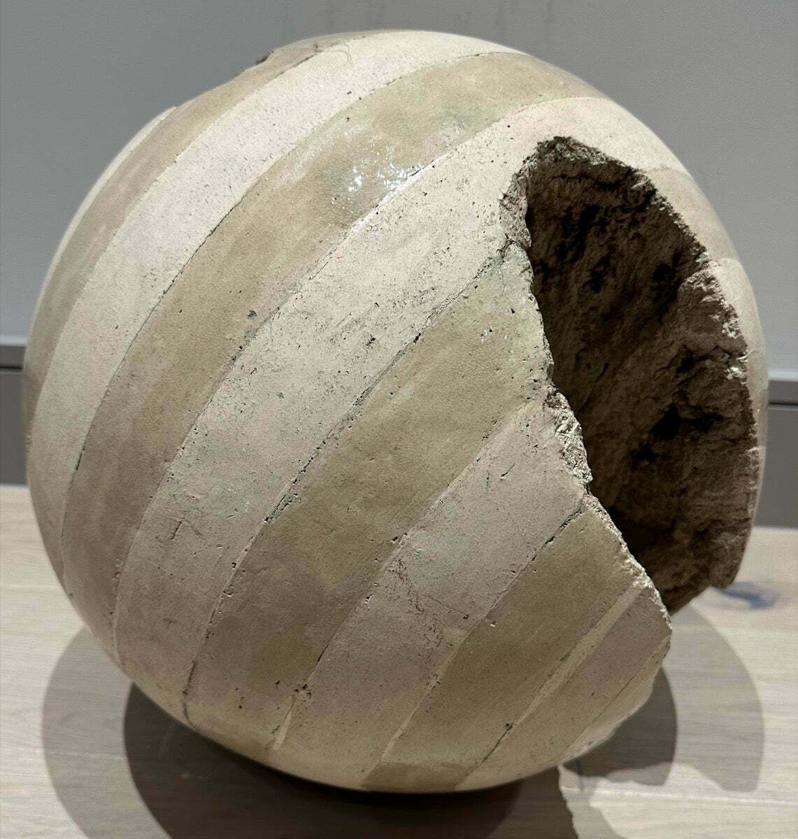Circa 1960s French Abstract Terracotta Striped Glazed & Unglazed Round Sculpture photo vintage