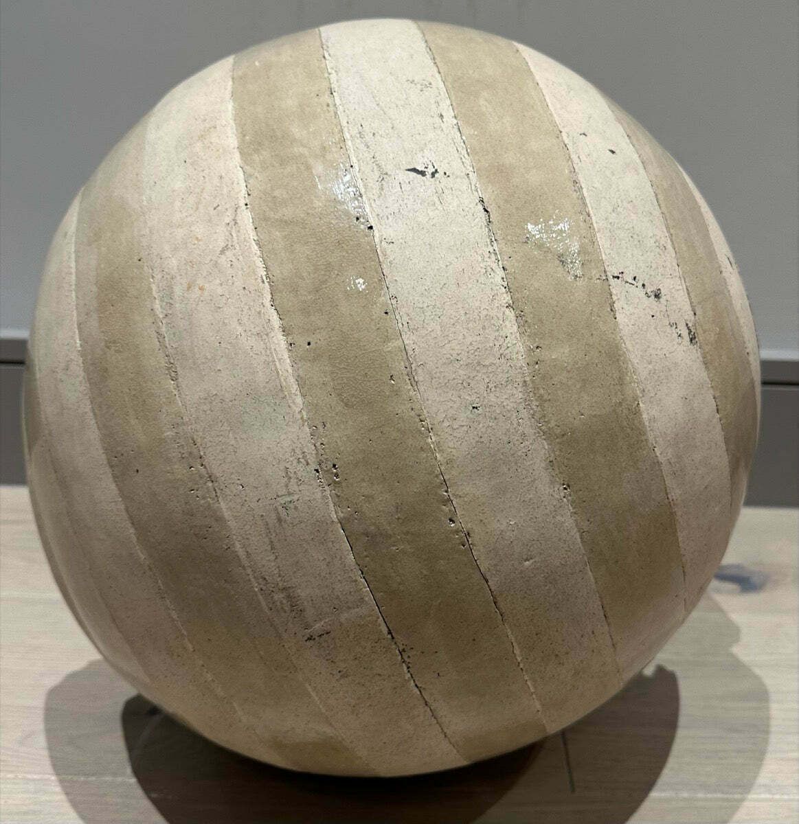 850.0 Circa 1960s French Abstract Terracotta Striped Glazed & Unglazed Round Sculpture photo