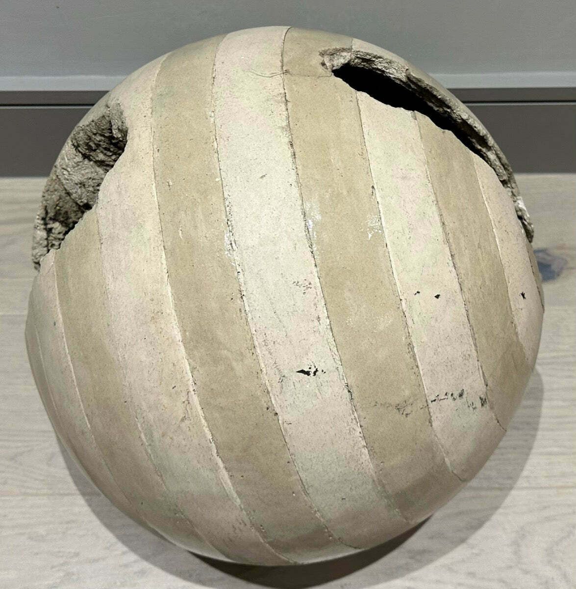 photo vinterior Circa 1960s French Abstract Terracotta Striped Glazed & Unglazed Round Sculpture