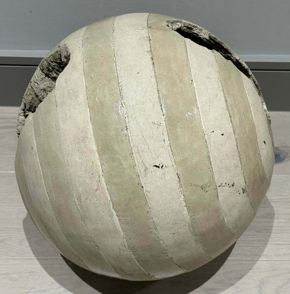 photo buy Circa 1960s French Abstract Terracotta Striped Glazed & Unglazed Round Sculpture
