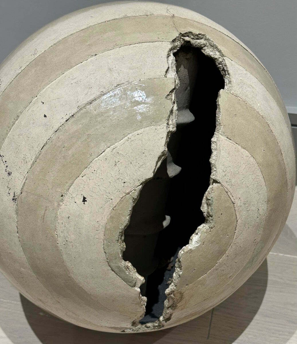 photo vintage Circa 1960s French Abstract Terracotta Striped Glazed & Unglazed Round Sculpture