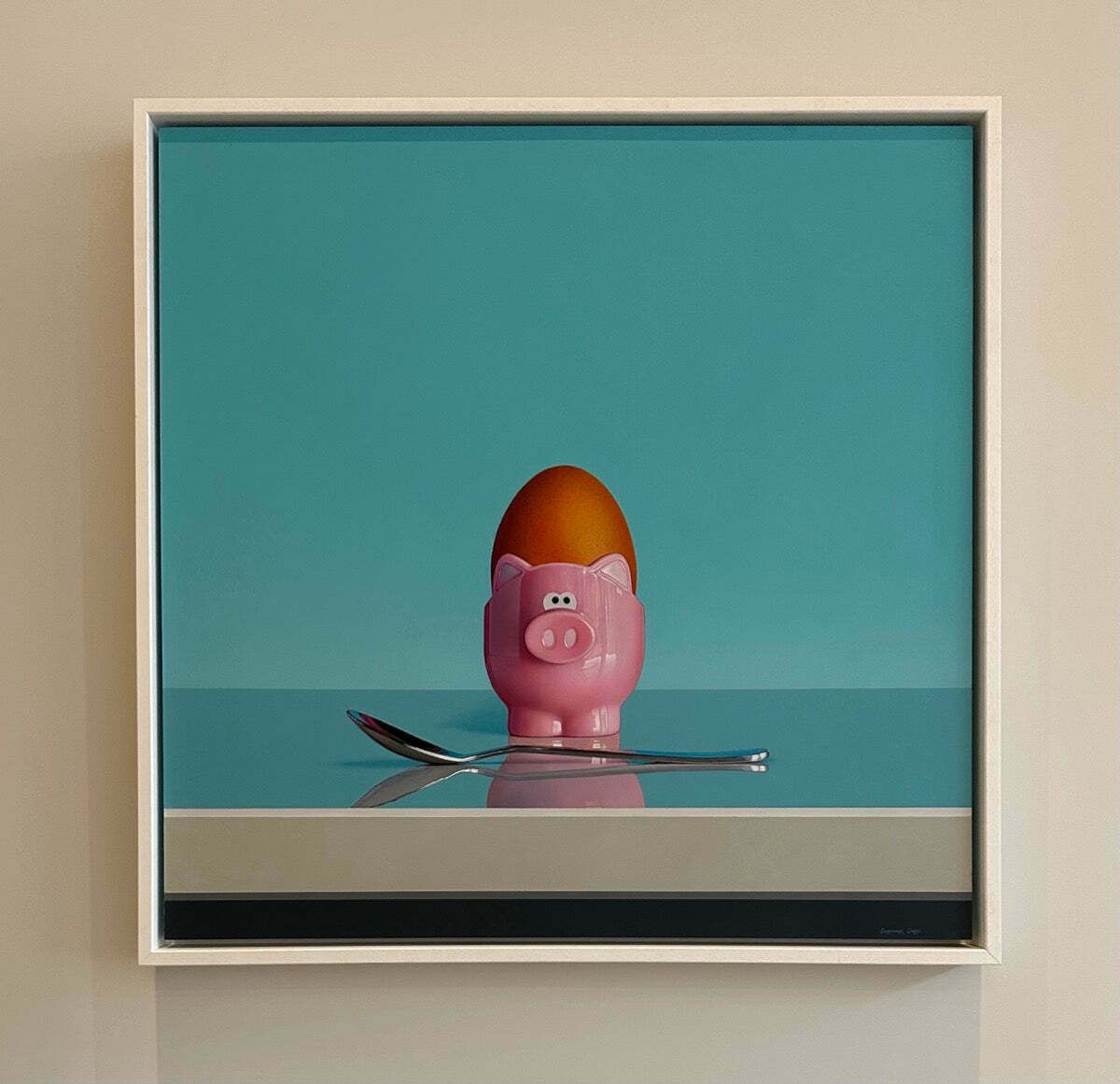 Original Pink Pig Egg Cup & Spoon Oil On Board Still Life Painting By Artist Christopher Green photo 5250.0