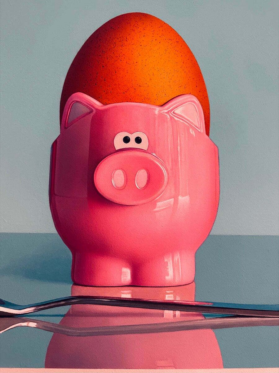 photo vintage Original Pink Pig Egg Cup & Spoon Oil On Board Still Life Painting By Artist Christopher Green