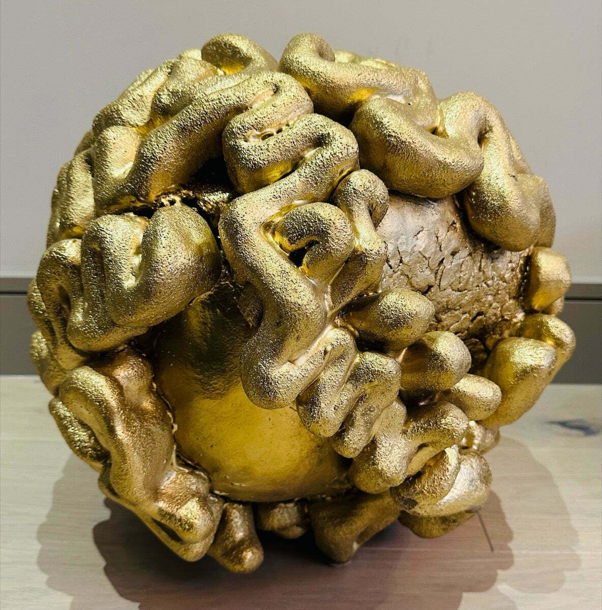 1960s French Abstract Terracotta Golden Brain Sculpture photo vintage