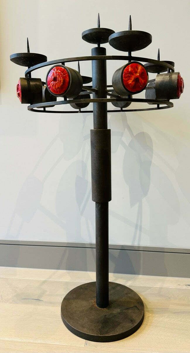 1960s Italian Brutalist Iron And Ceramic Floor Standing Candleholder photo for sale