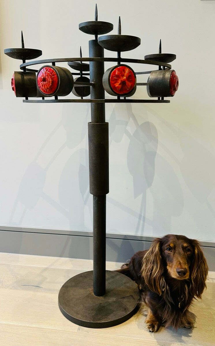 1960s Italian Brutalist Iron And Ceramic Floor Standing Candleholder photo Home Decor