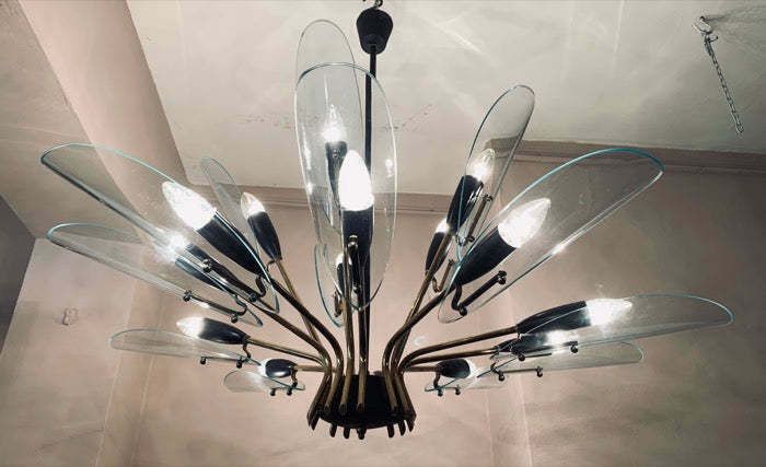 1950s Italian Brass And Glass Leaves Chandelier In The Style Of Fontana Arte photo for sale