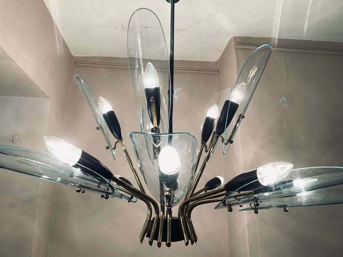 1950s Italian Brass And Glass Leaves Chandelier In The Style Of Fontana Arte photo Lighting