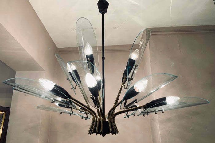 1950s Italian Brass And Glass Leaves Chandelier In The Style Of Fontana Arte photo vinterior