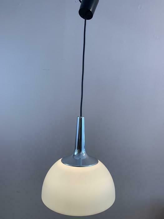 1970s German Peill & Putzler Opaline & Chrome Pendant Hanging Light photo furniture