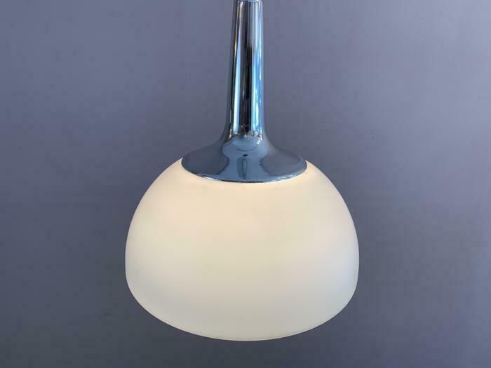 1970s German Peill & Putzler Opaline & Chrome Pendant Hanging Light photo vinterior