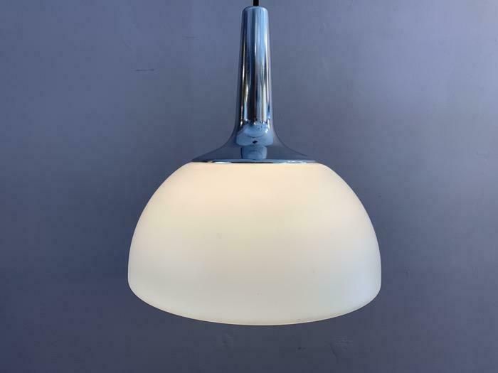1970s German Peill & Putzler Opaline & Chrome Pendant Hanging Light photo buy