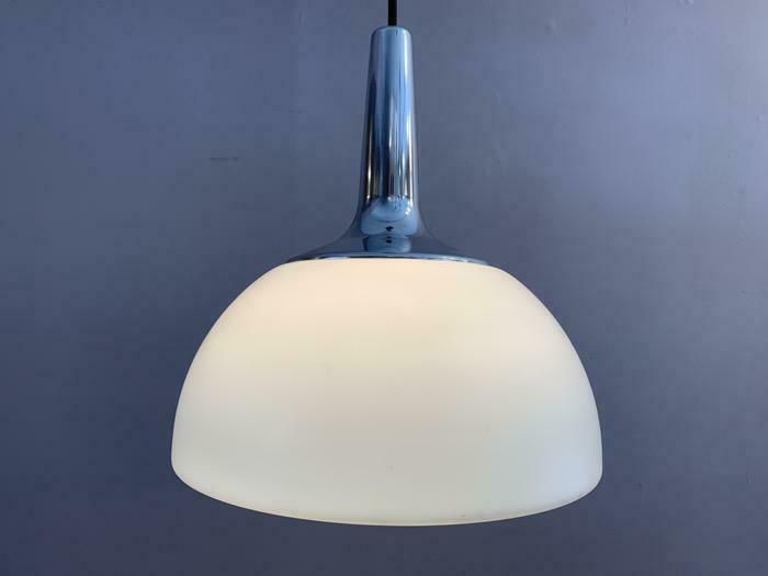 photo furniture 1970s German Peill & Putzler Opaline & Chrome Pendant Hanging Light